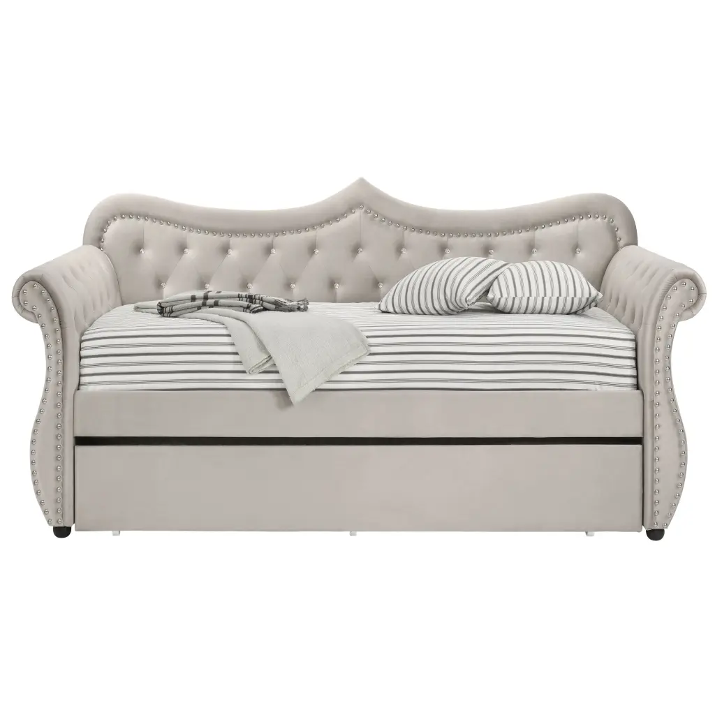 Beige Upholstered Twin Daybed Trundle Twin Beige Wood Bedroom Velvet furniture max
