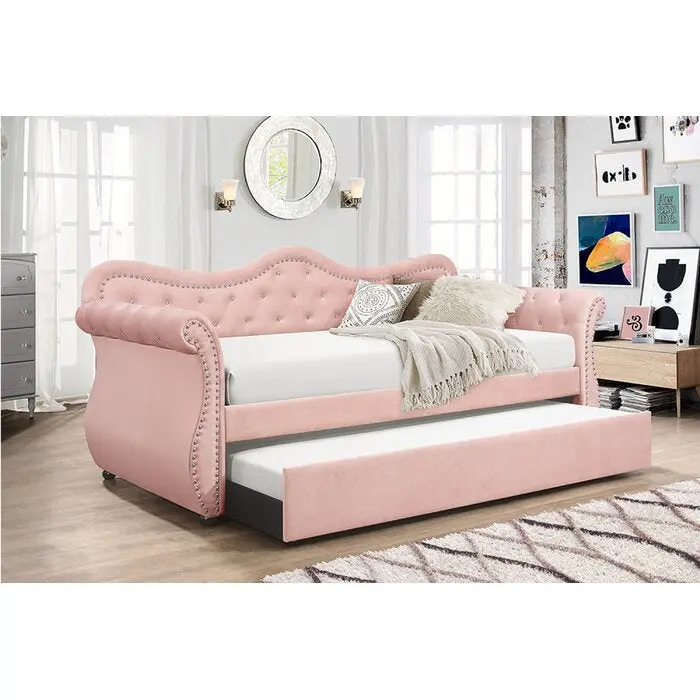 Abby Upholstered Velvet Timber Daybed Trundle Pink Box Spring No galaxy home furnishings