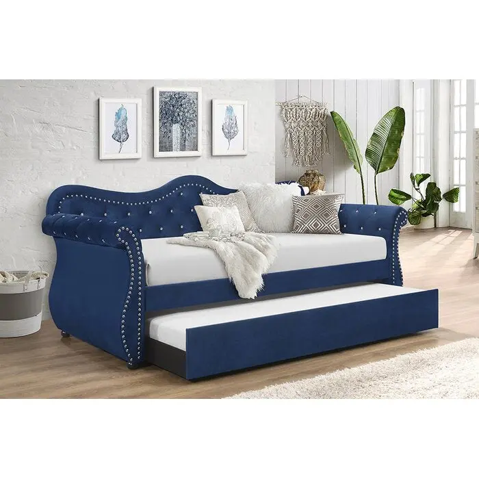 Abby Upholstered Velvet Timber Daybed Trundle Blue Box Spring Not Required galaxy home furnishings