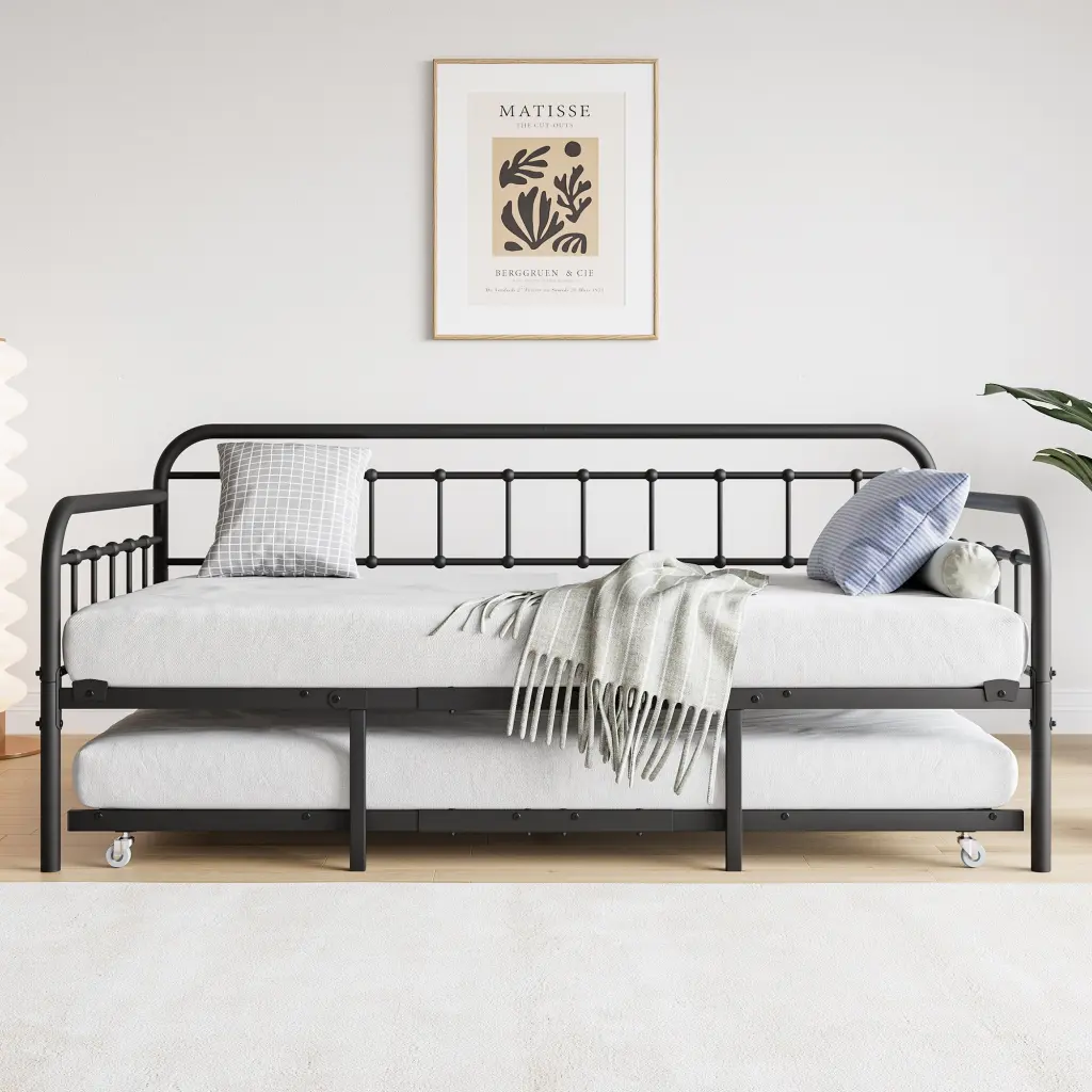 Twin Size Metal Daybed Frame Trundle and Steel Slat Support home furniture