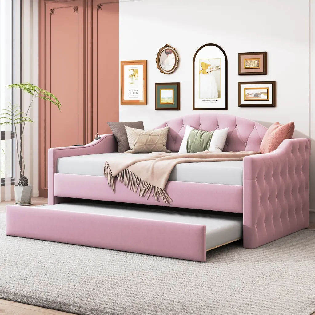 Twin Dimensions Tufted Upholstered Daybed Trundle Velvet Sofabed Guest Room homey life