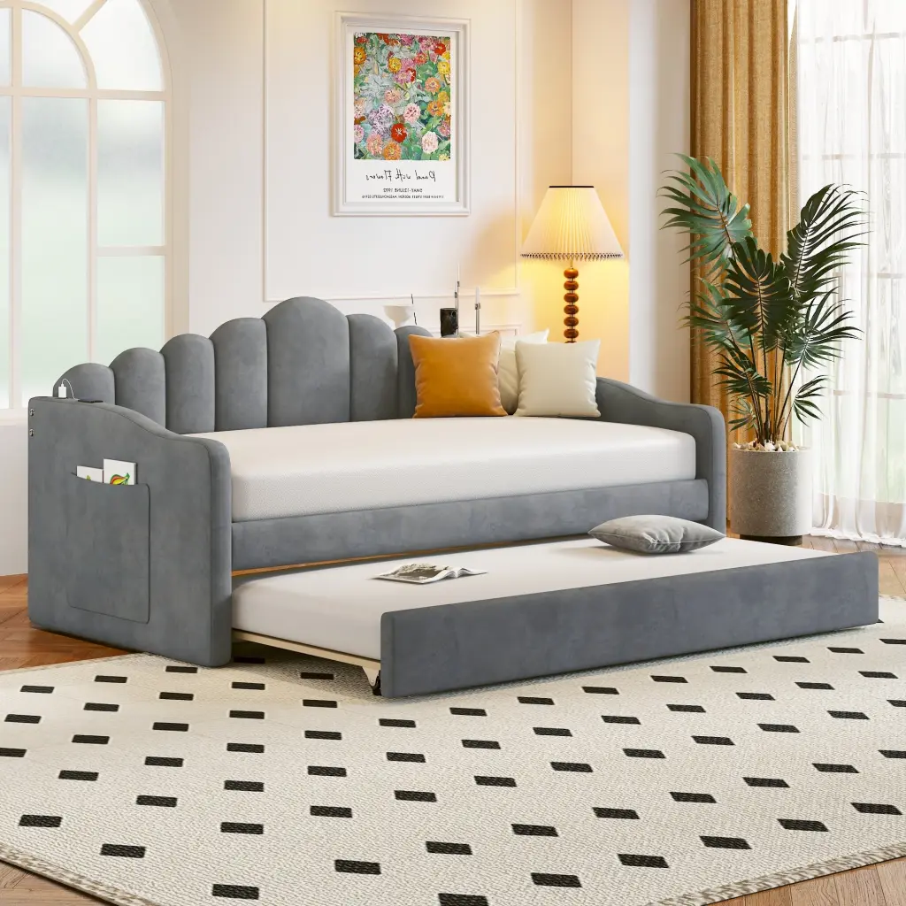 Twin Dimensions Upholstered Daybed Trundle Velvet Sofabed USB Charging homey life