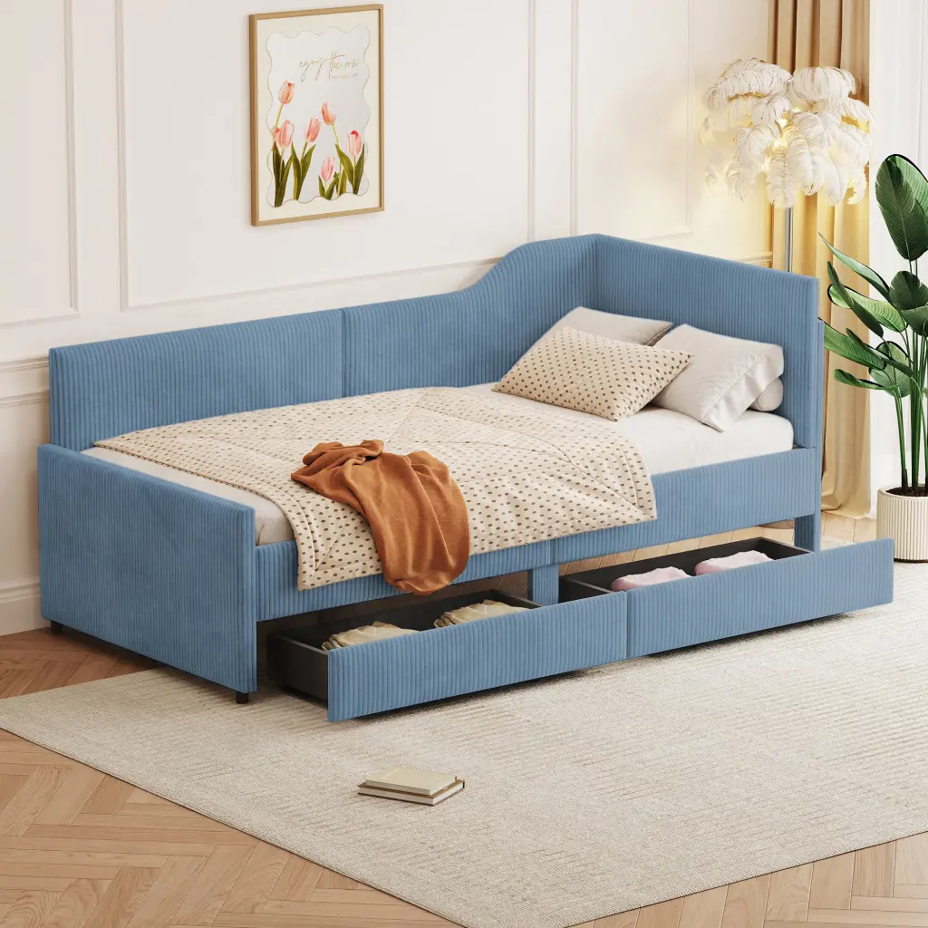 Twin L Influenced Corduroy Daybed Upholstered Bed Frame 2 Storage homey life