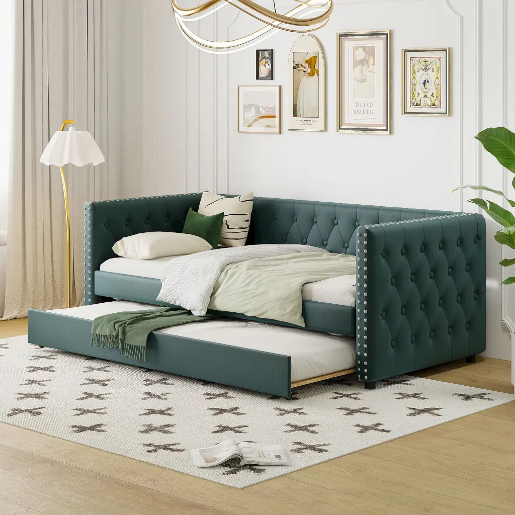 Twin Size Tufted Upholstered Daybed Trundle Velvet Sofa Bed Small Spaces homey life