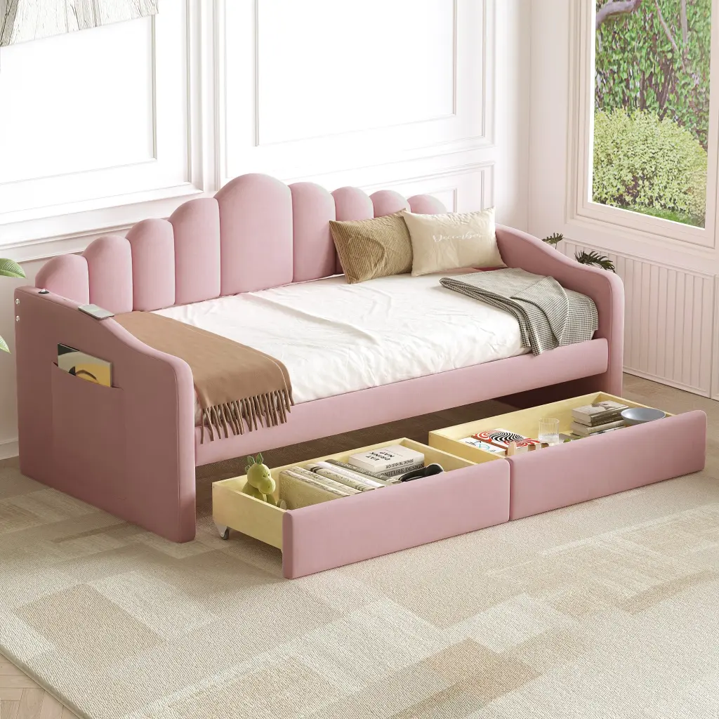 Twin Size Upholstered Daybed 2 Drawers Velvet Sofabed USB Charging homey life