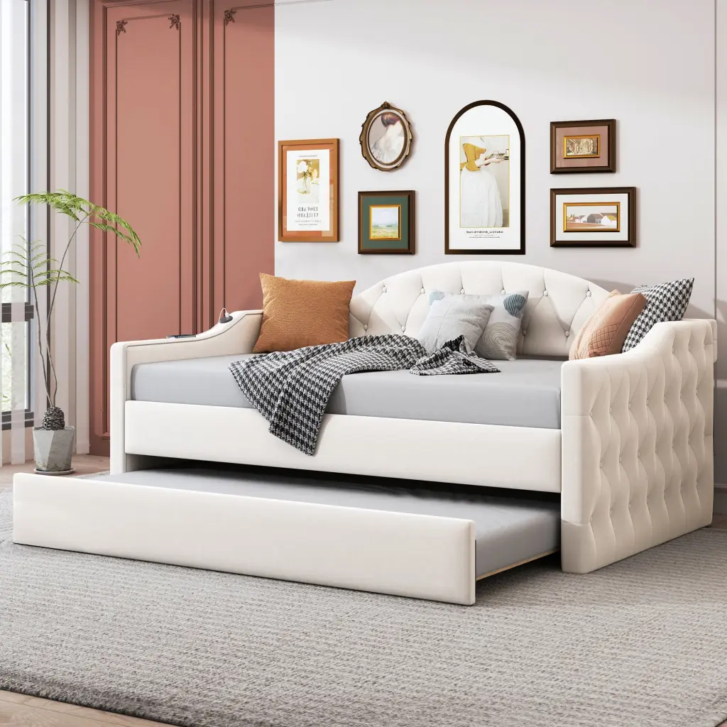 Twin Tufted Upholstered Daybed Trundle Velvet Sofa Bed homey life