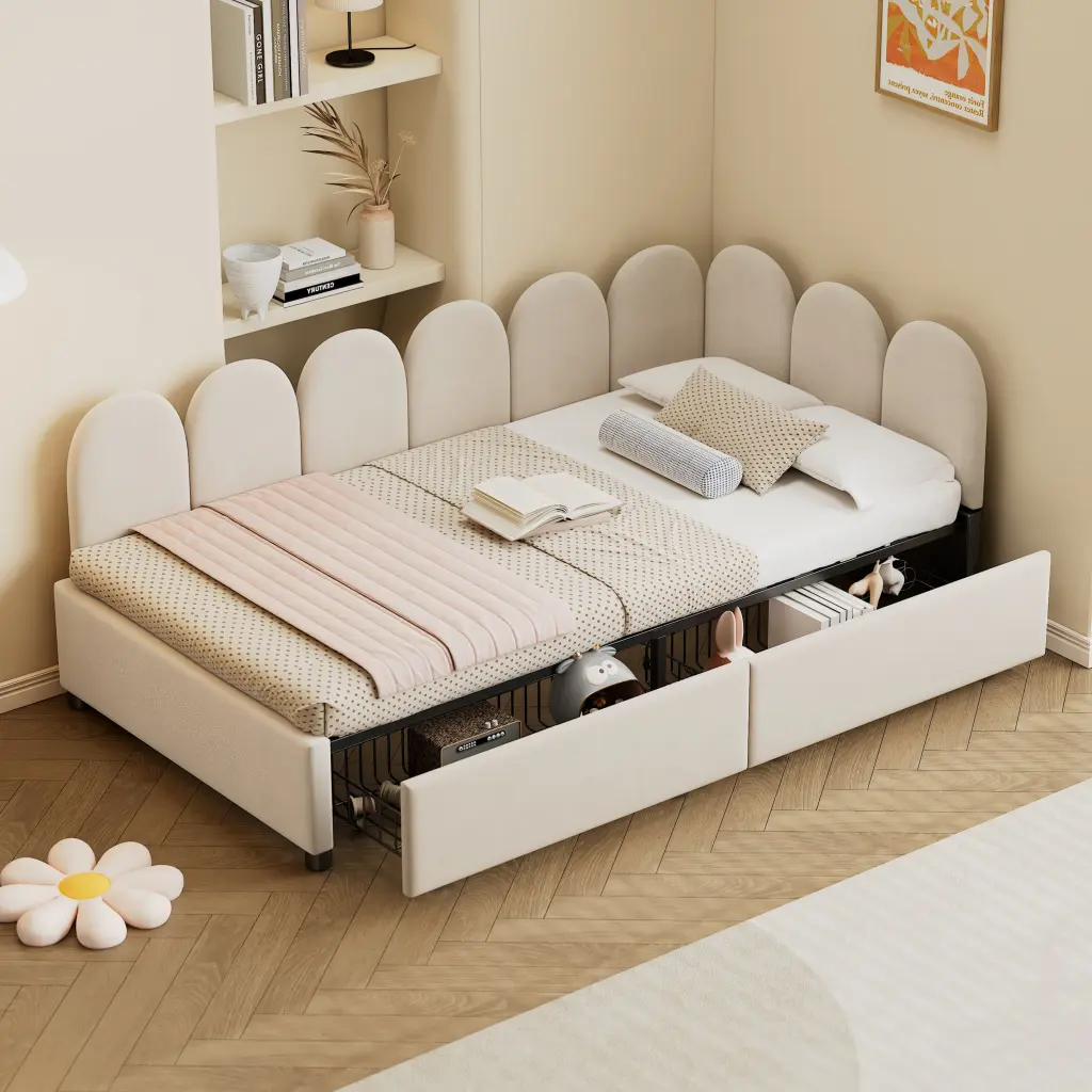 Twin Upholstered Daybed 2 Drawers Velvet Sofabed Soft Backrest homey life
