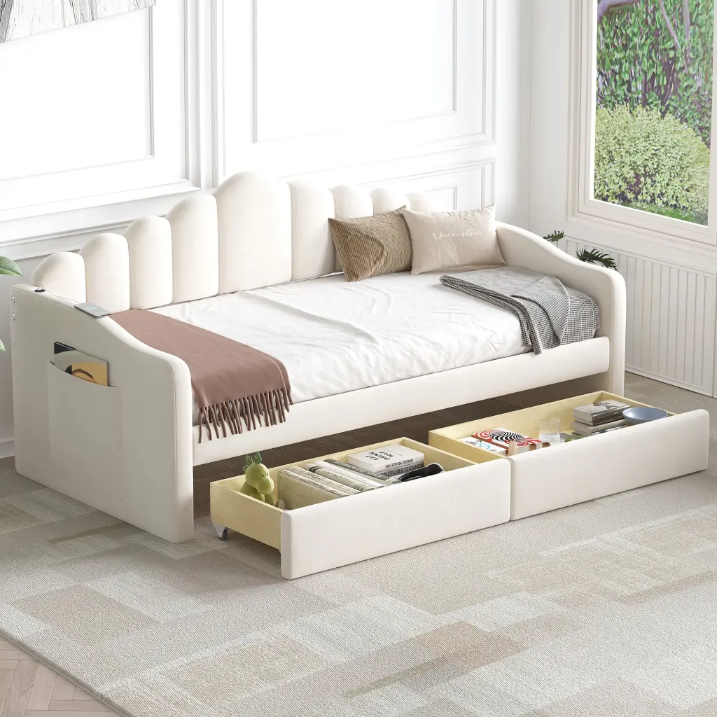 Twin Upholstered Daybed 2 Drawers Velvet Sofabed USB Charging homey life