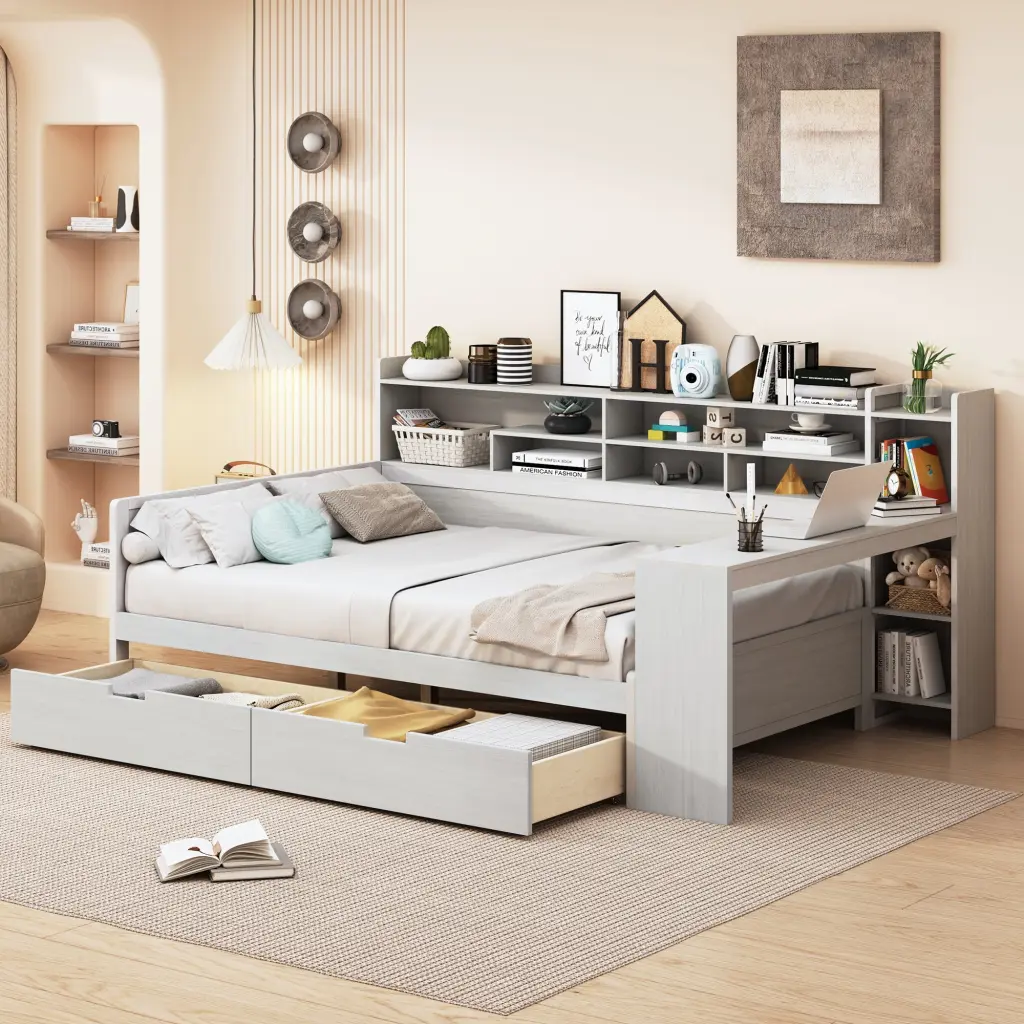Wooden Full Size Daybed Storage Shelves Multi Functional homey life