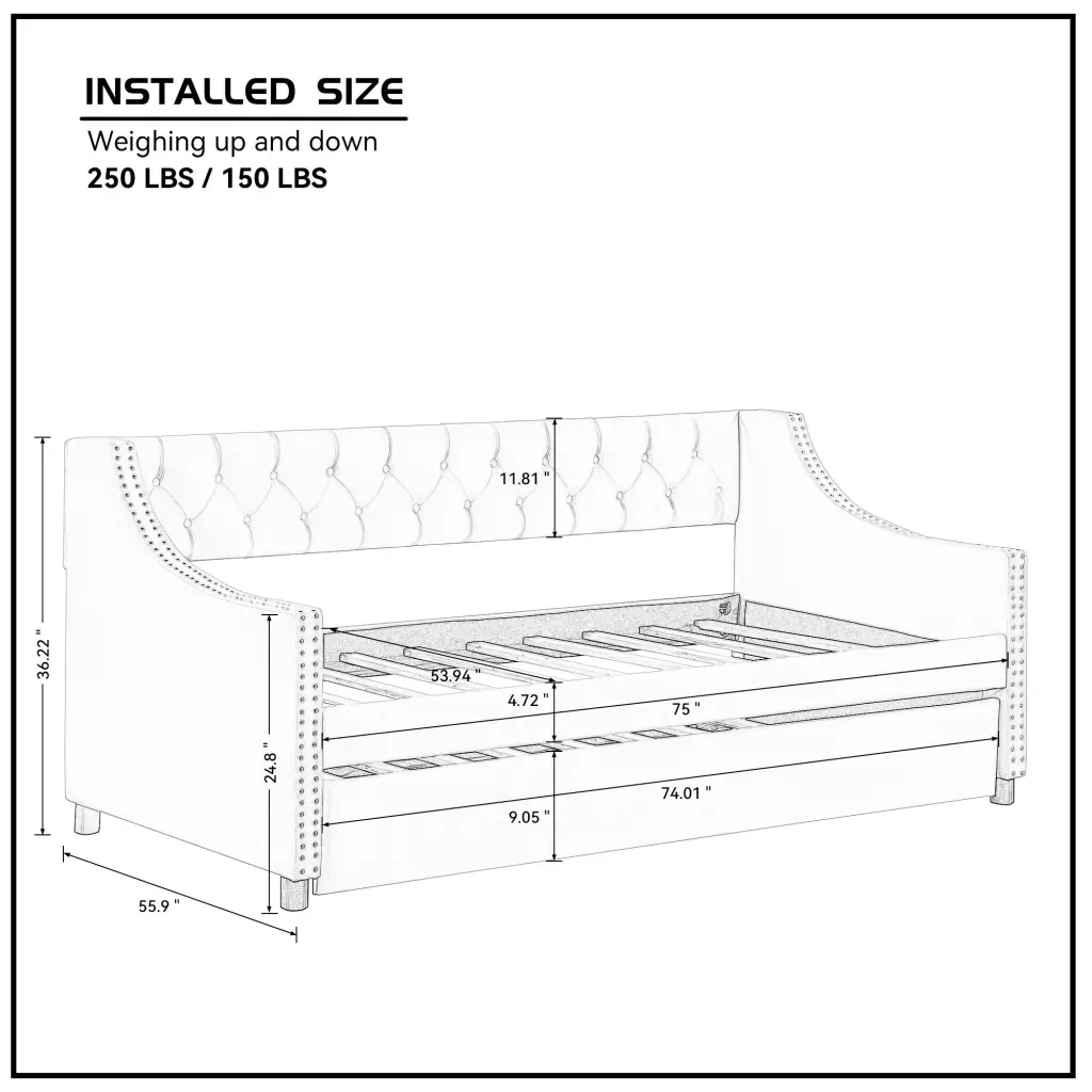 Upholstered Tufted Daybed Trundle Button Tufted Sofa Bed Guest Room Copper Legs justone interior