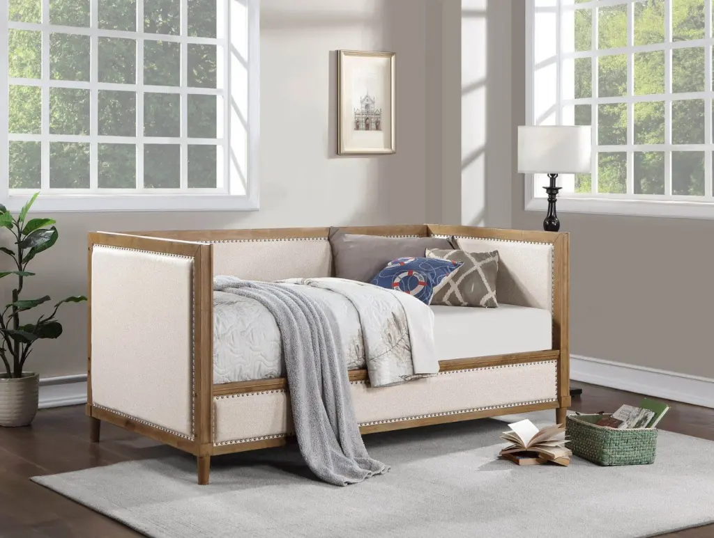Beige Material Upholstered Day Bed Light Oak Bed Frame Trim Bedroom Furniture kanepe