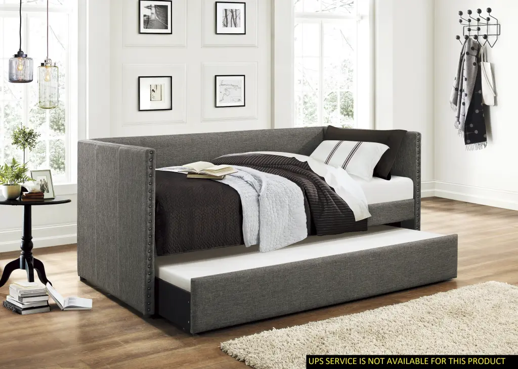 Gray Fabric Upholstered 1Pc Day Bed Pull Out Trundle Wood Frame kanepe