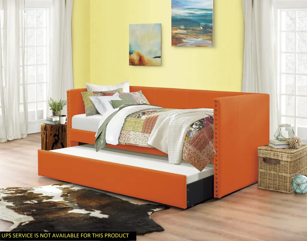 Orange Upholstered 1Pc Day Bed Pull Out Trundle Trim Wood Frame Modern Design kanepe