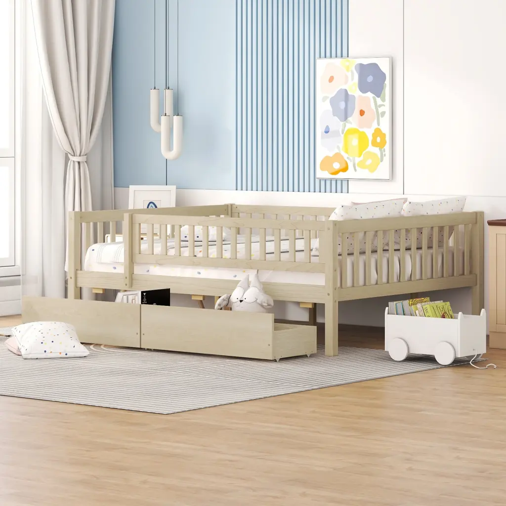 Full Daybed Wood Bed Two Drawers Natural Solid Wood lucky furniture