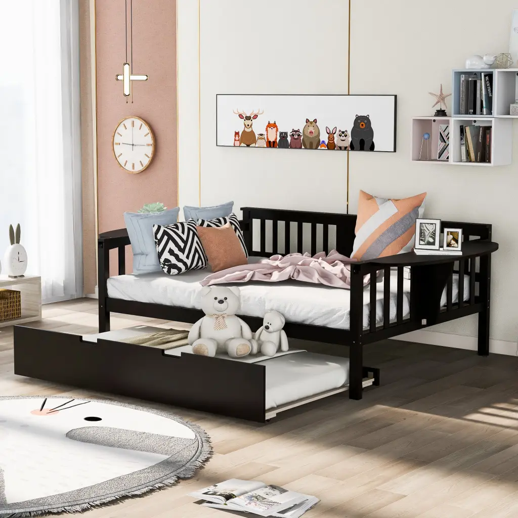 Full Dimensions Daybed Twin Trundle Wood Slat Support Espresso lucky furniture