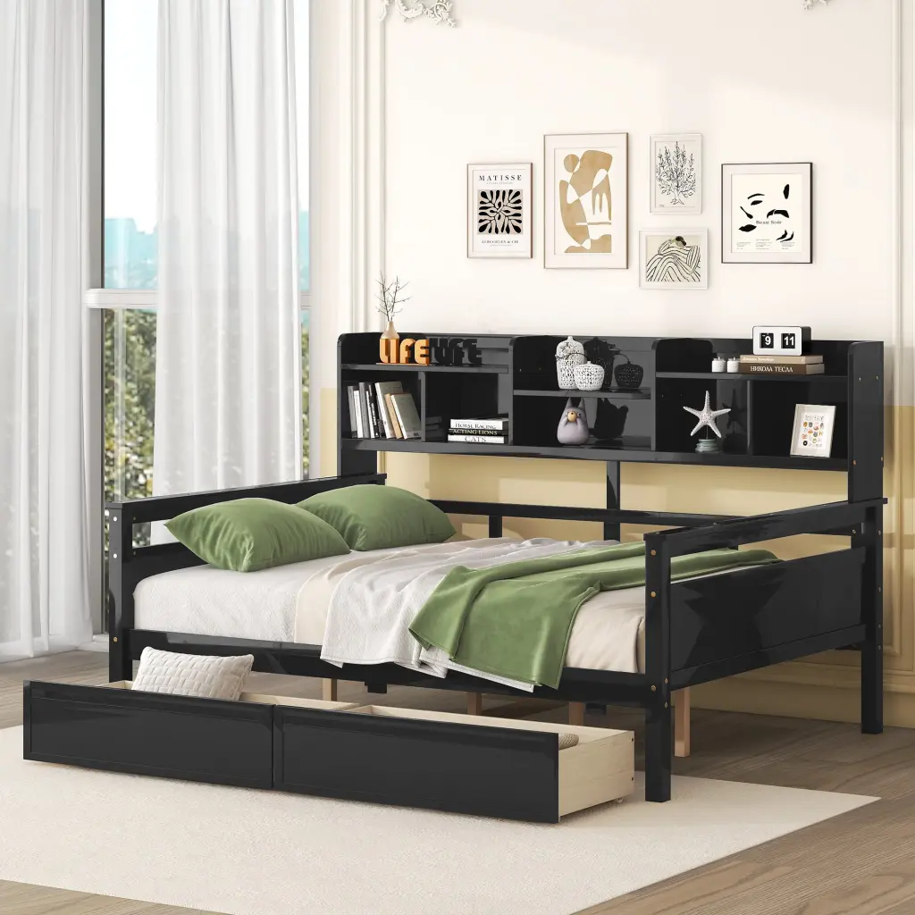 Full Dimensions Daybed Wood Slat Support, Bedside Shelf And Two Drawers lucky furniture