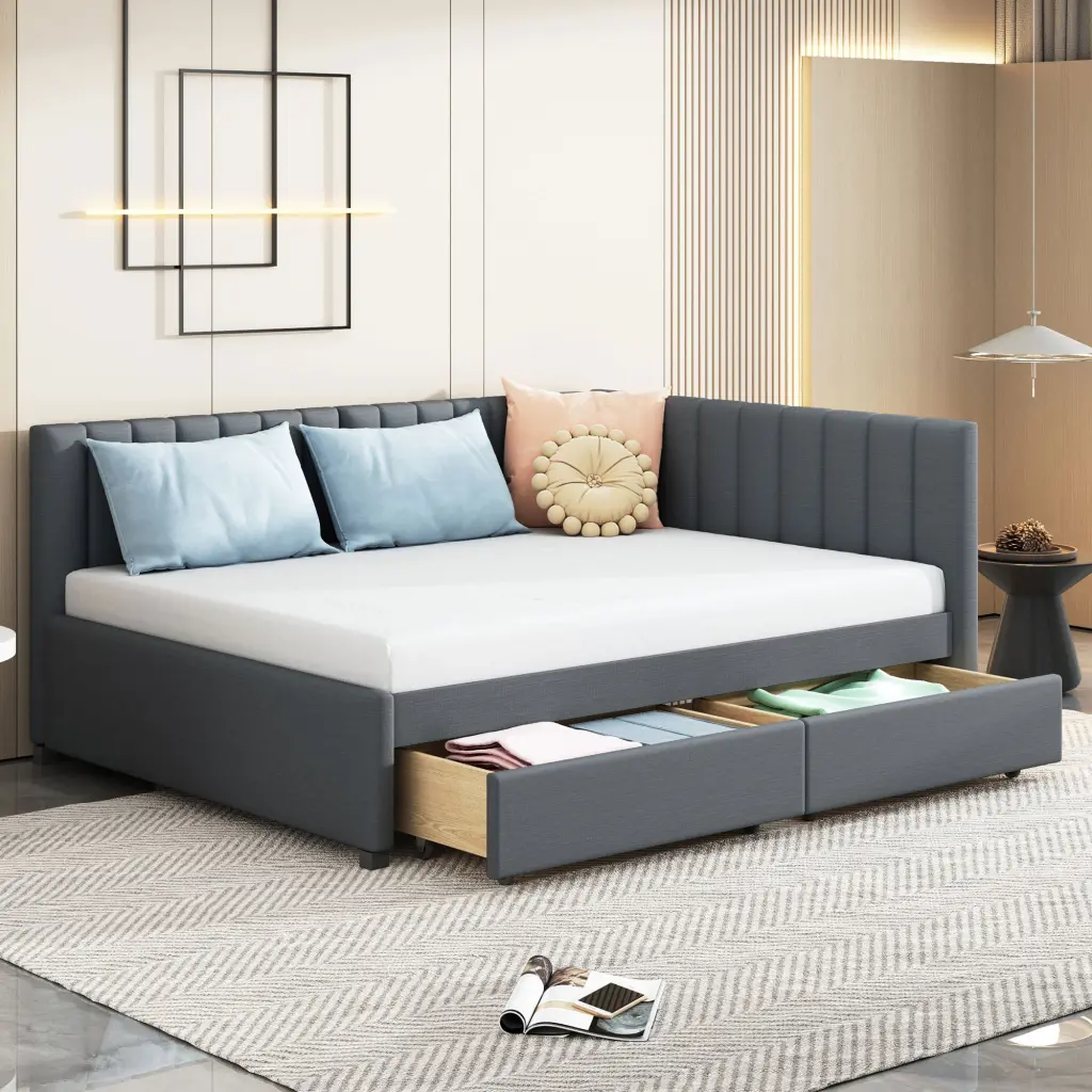 Full Dimensions Upholstered Daybed 2 Storage Drawers Sofa Bed Frame Guest Room lucky furniture
