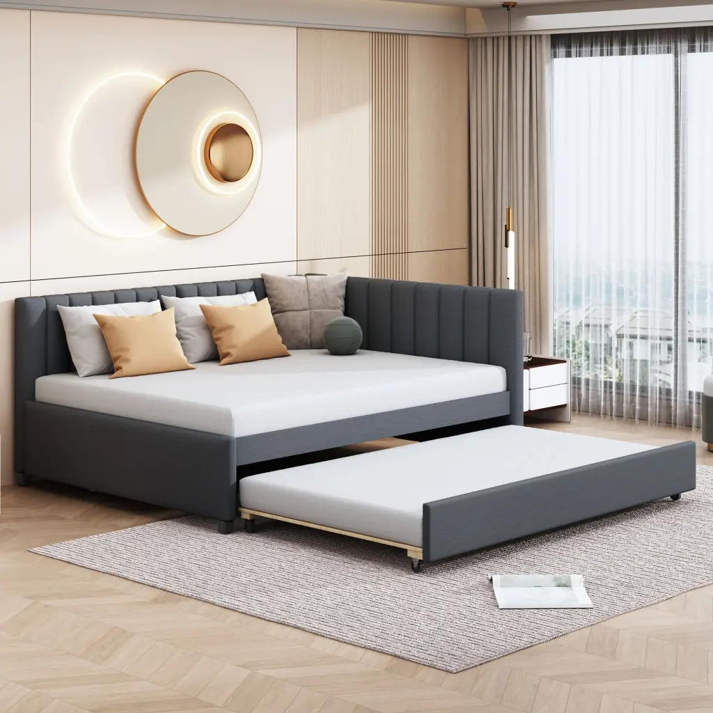 Full Dimensions Upholstered Daybed Trundle Sofa Bed Frame No Box Spring Needed lucky furniture