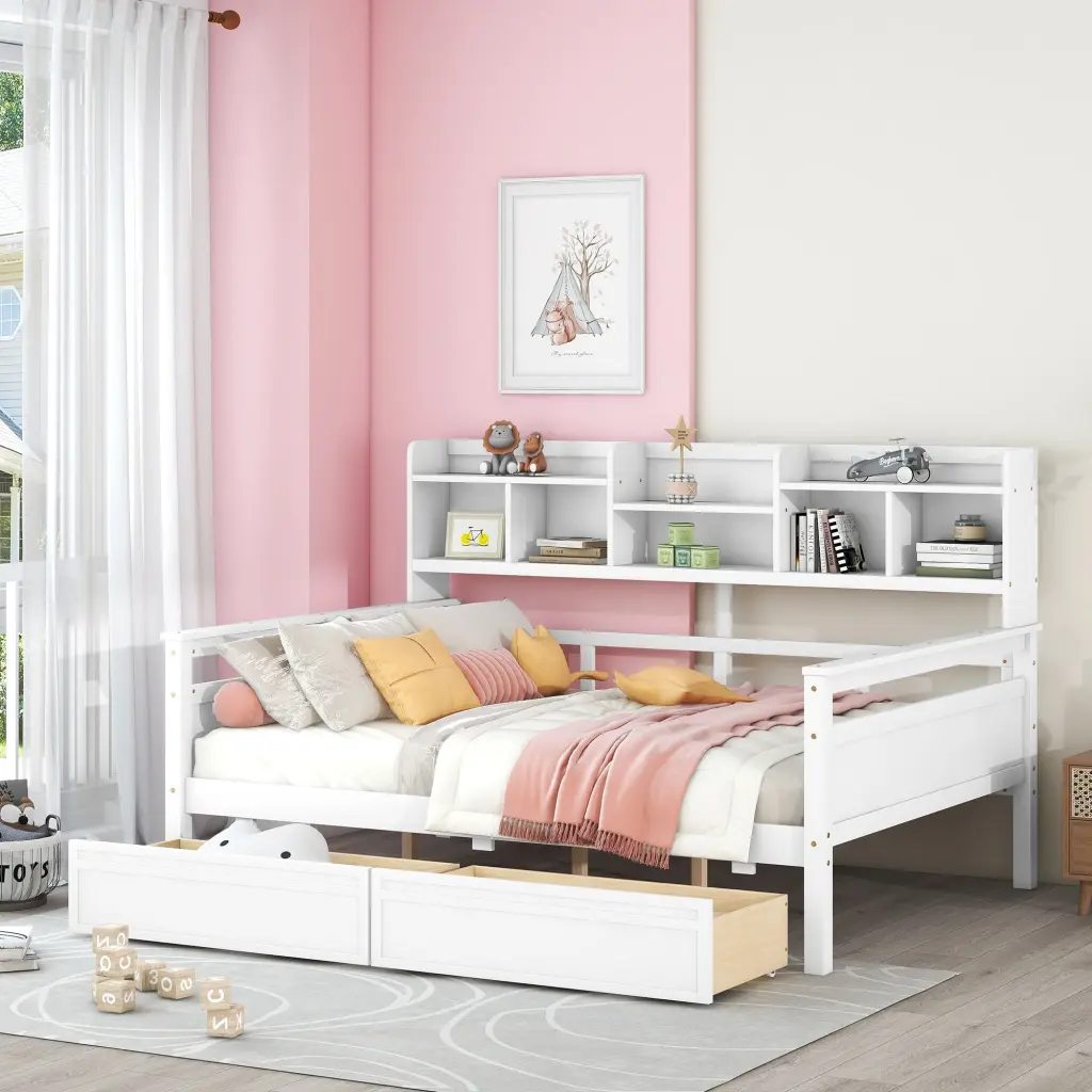 Full Size Daybed Wood Slat Support Bedside Shelf And Two Drawers lucky furniture