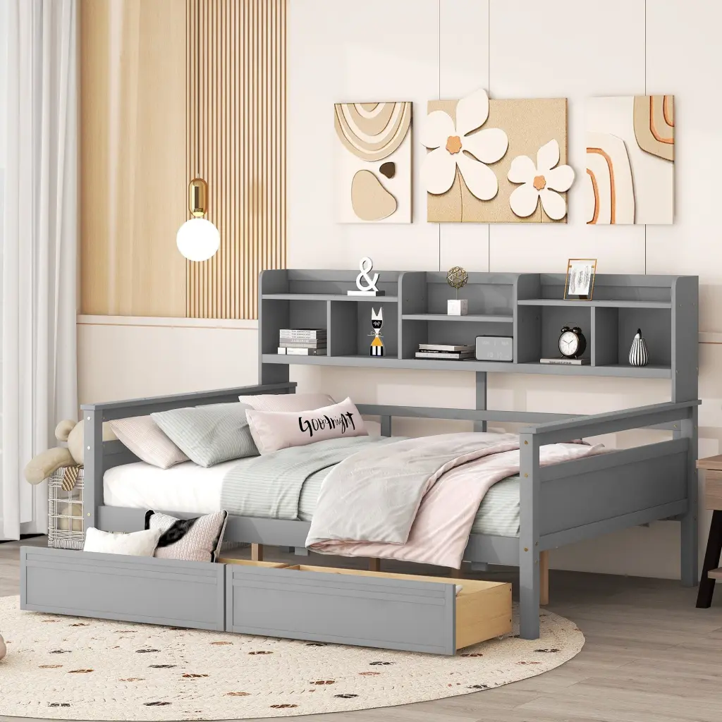 Full Size Daybed Wood Slats Bedside Shelf and Two Drawers lucky furniture