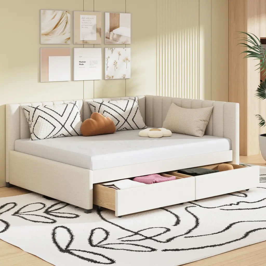Full Size Upholstered Daybed 2 Storage Drawers Sofa Bed Frame Small Spaces lucky furniture
