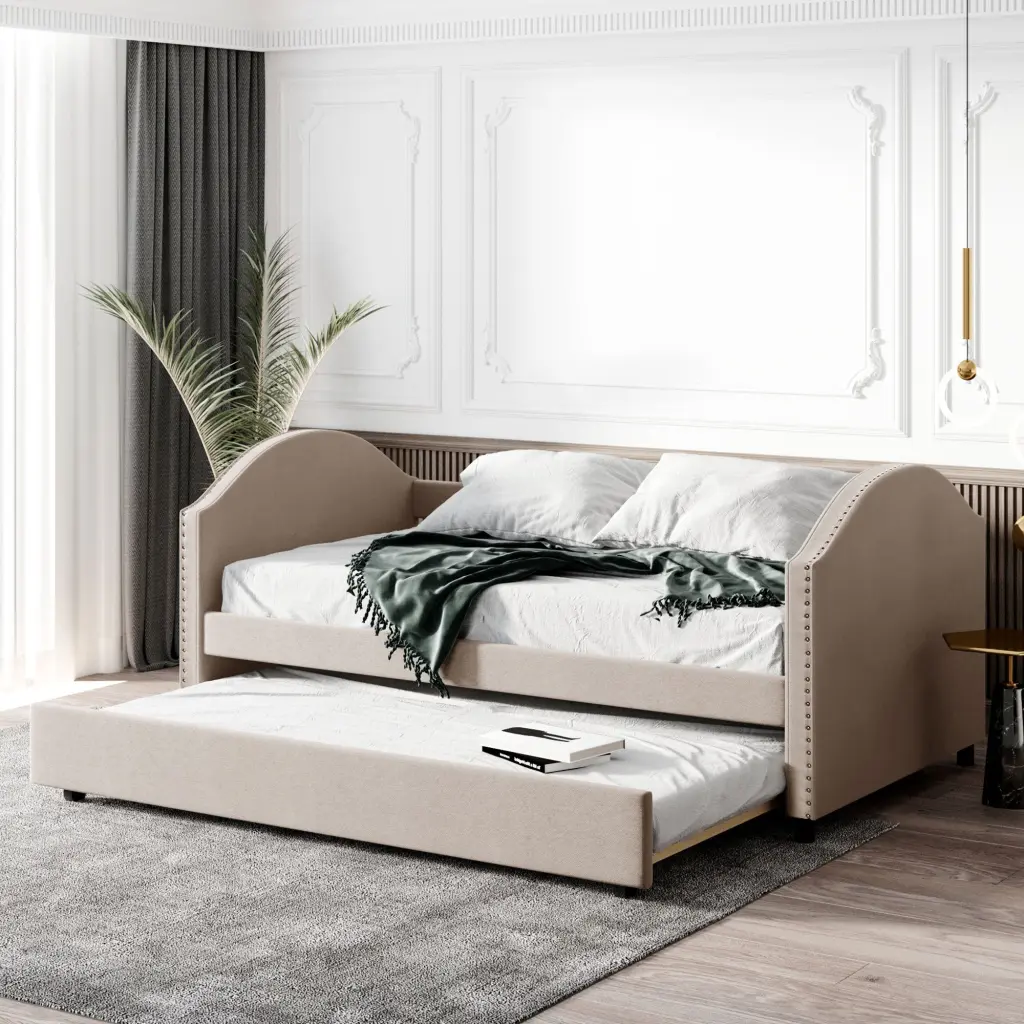 Full Size Upholstered Daybed Twin Trundle and Wood Slat Support lucky furniture