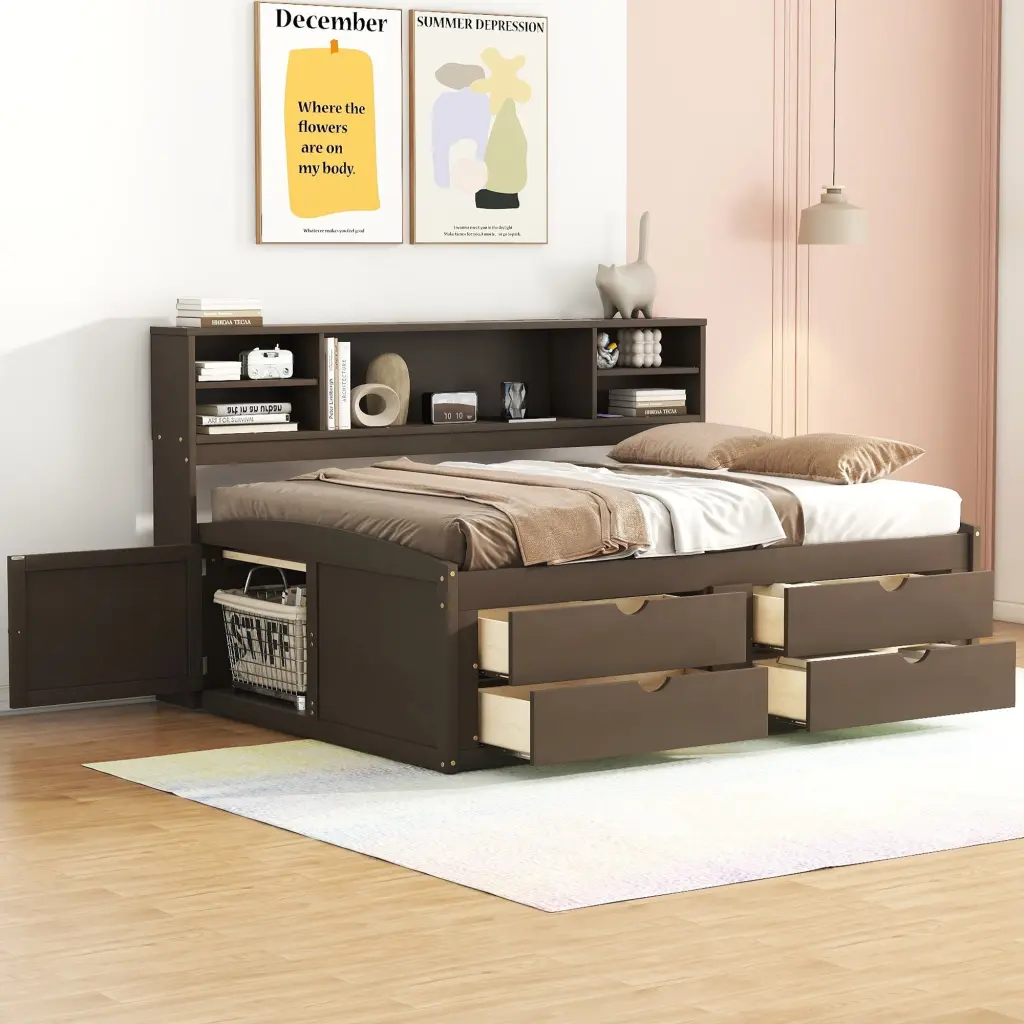 Full Size Wood Daybed 2 Bedside Cabinets, Upper Shelves, and 4 Drawers lucky furniture