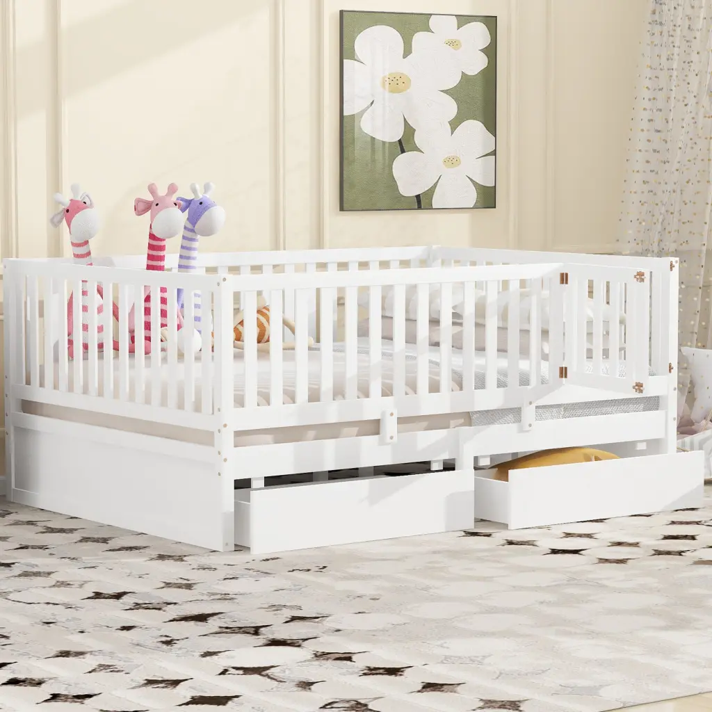 Full Size Wood Daybed Fence Guardrails And 2 Drawers Kids Or Guest Room lucky furniture