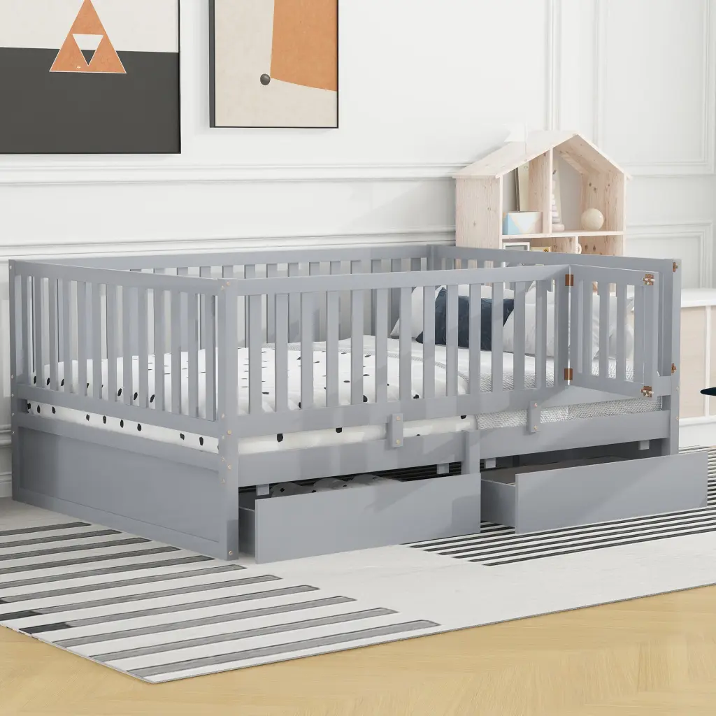 Full Size Wood Daybed Fence Guardrails and 2 Drawers lucky furniture