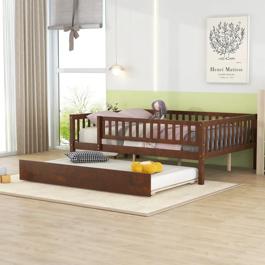 Full Size Wood Daybed Trundle and Fence Guardrails Walnut Finish lucky furniture