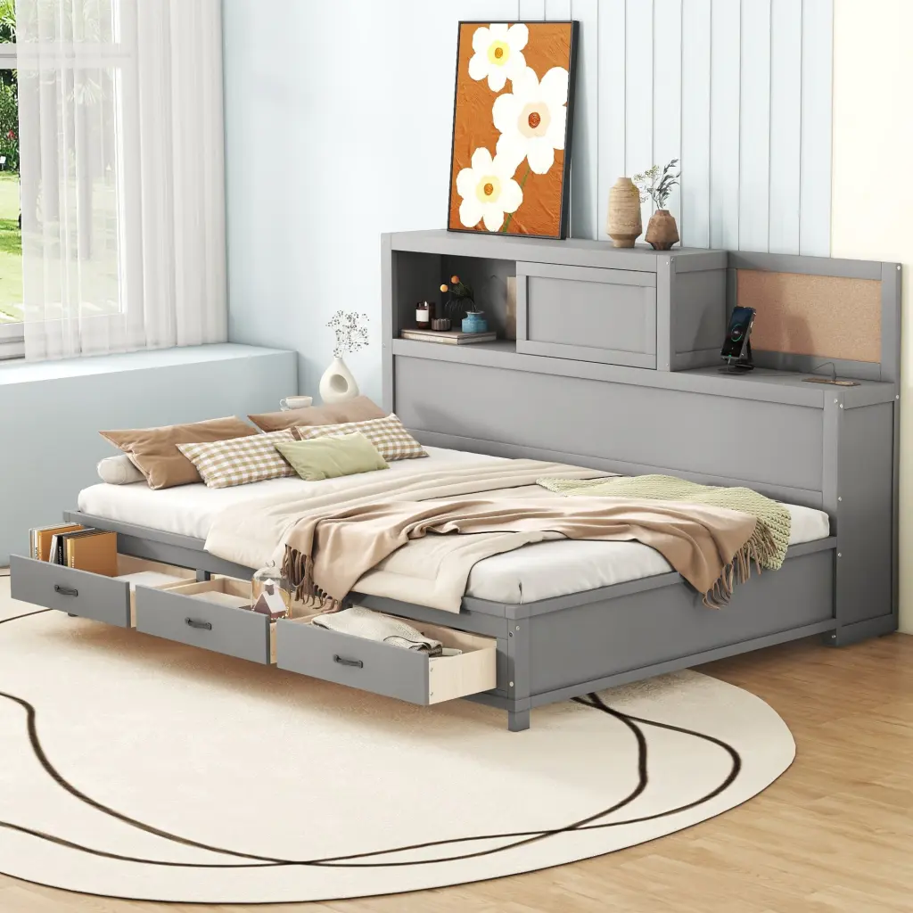 Full Size Wooden Daybed 3 Storage Drawers and Upper Soft Board lucky furniture