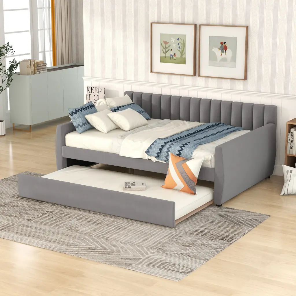 Full Upholstered Daybed Trundle Wood Slat Support Gray lucky furniture