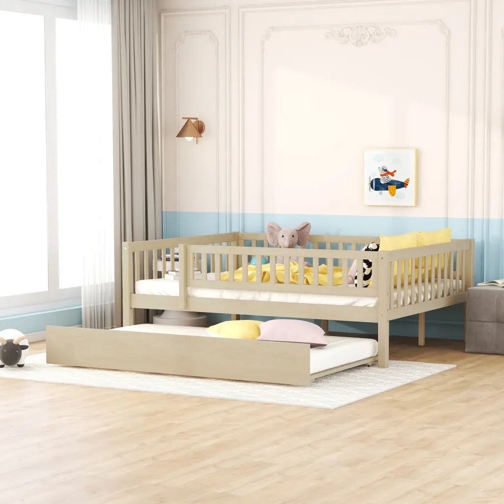 Full Wood Daybed Trundle and Fence Guardrails Natural Finish lucky furniture