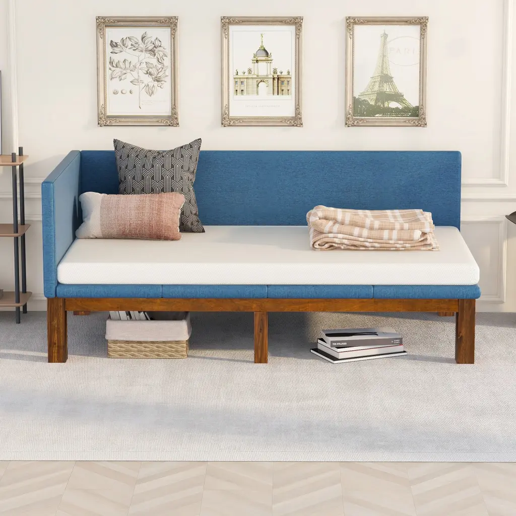 Linen Blue Beige Upholstered Daybed Sofa Bed Frame Twin Dimensions lucky furniture