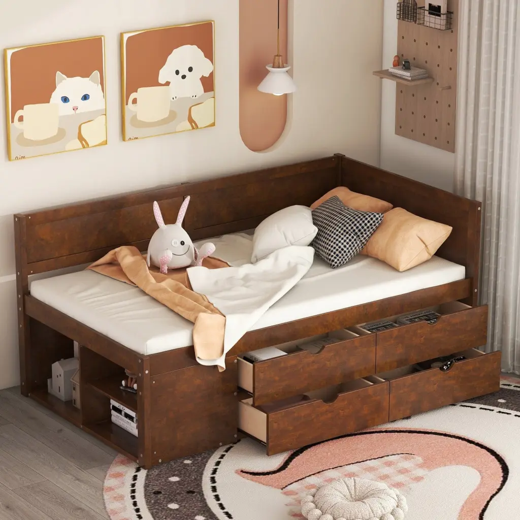 Twin Dimensions Daybed Drawers and Shelves Walnut Solid Wood Kids or Guest Room lucky furniture