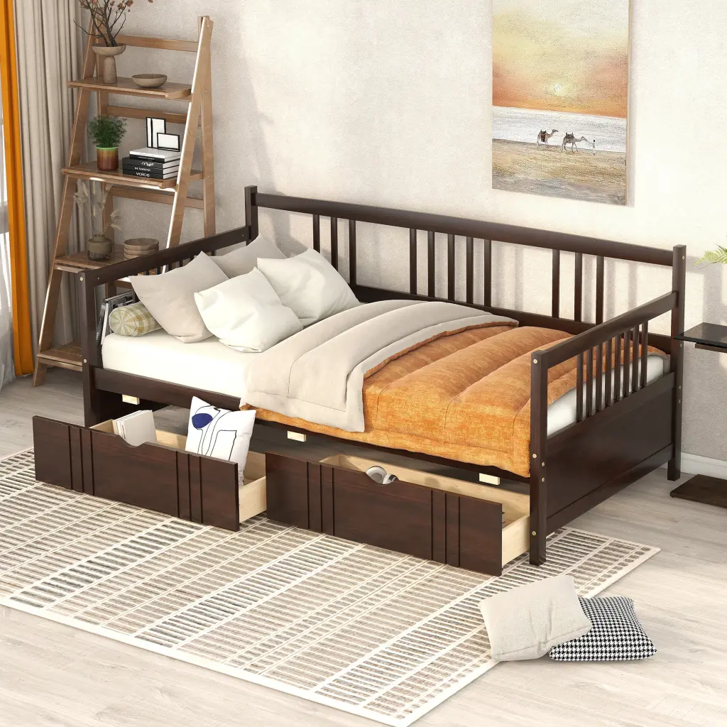 Twin Dimensions Daybed Wood Bed Two Drawers Espresso Finish lucky furniture