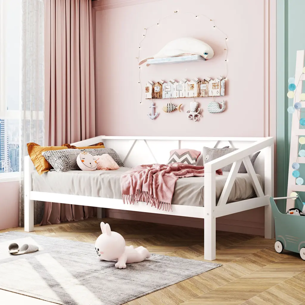 Twin Dimensions Daybed Wood Slat Support, White Solid Wood Modern Daybed lucky furniture