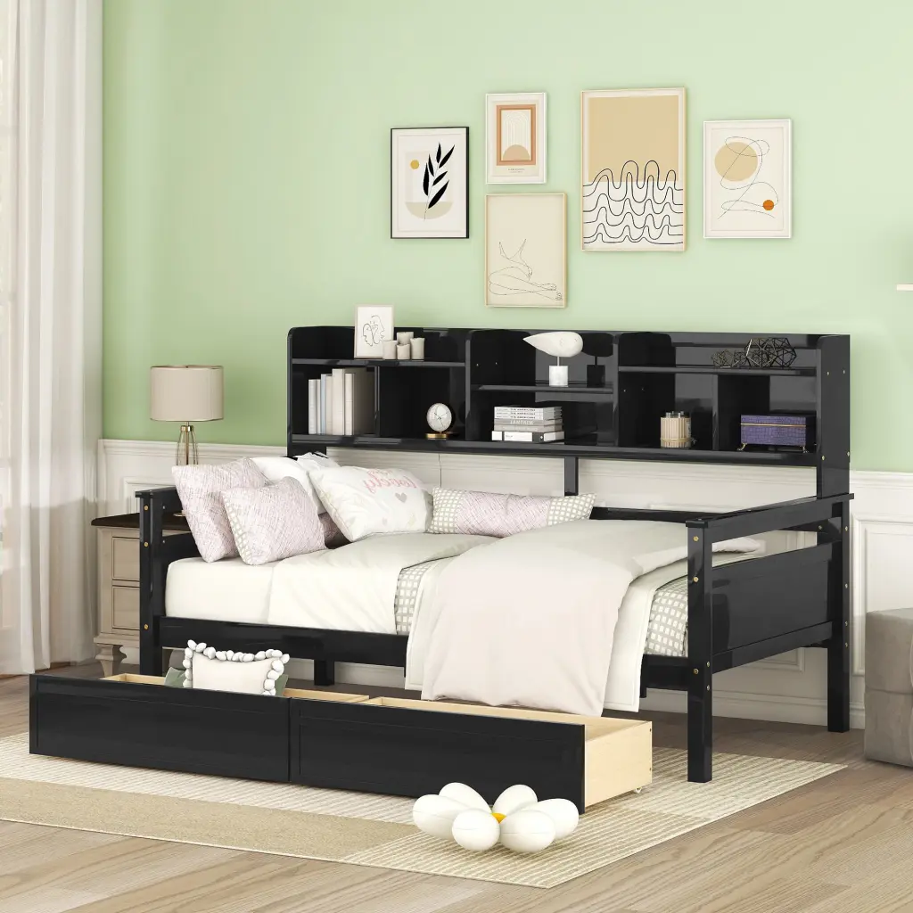 Twin Dimensions Daybed Wood Slat Support Bedside Shelves And Two Drawers lucky furniture