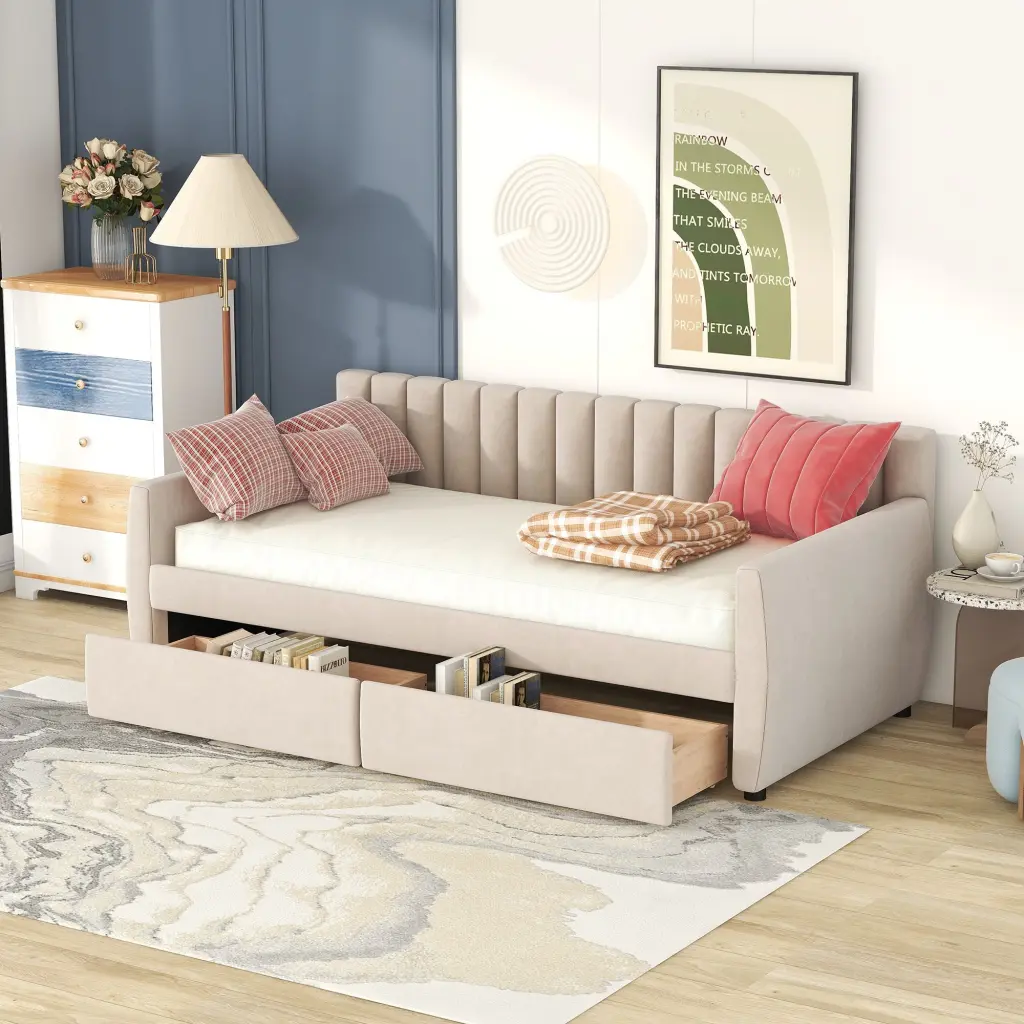 Twin Dimensions Upholstered Daybed Drawers, Timber Slat Assistance, Beige lucky furniture