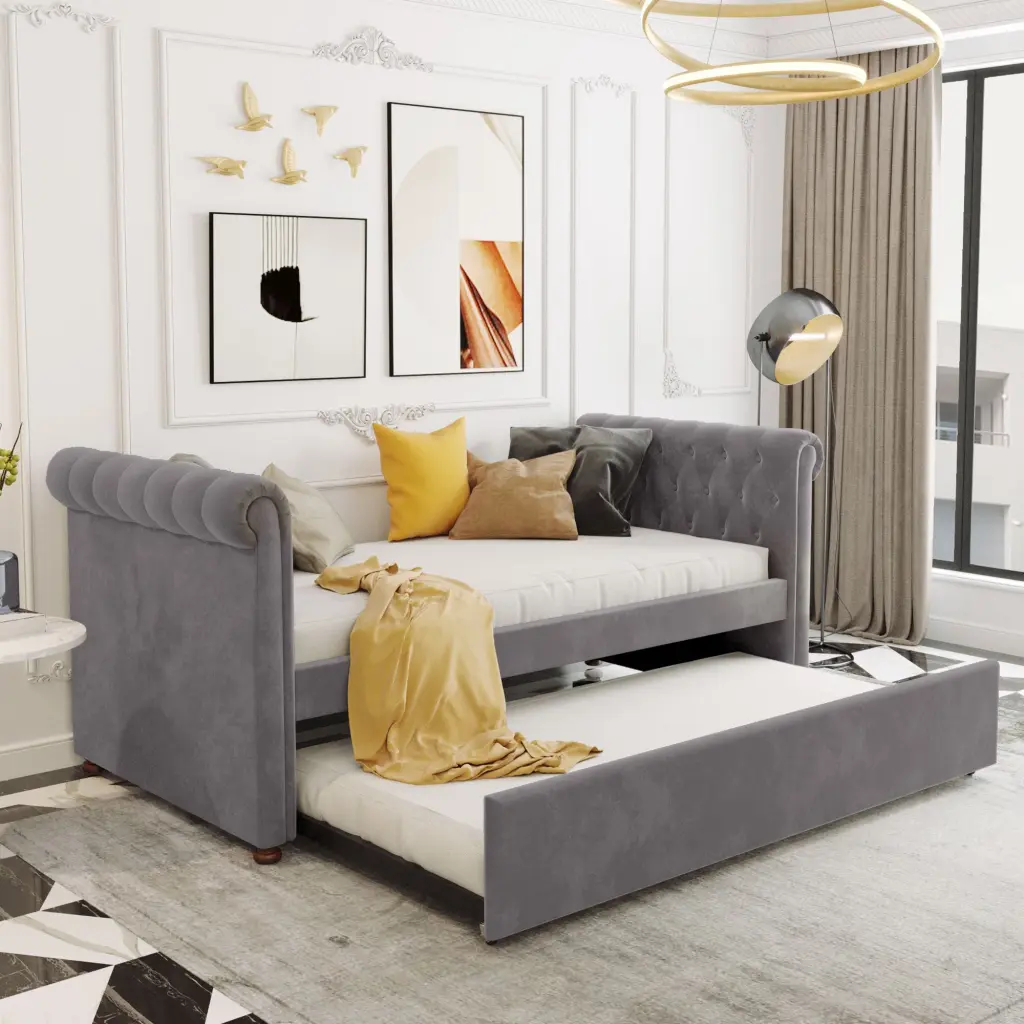 Twin Dimensions Upholstered Daybed Trundle Wood Slat Support Gray lucky furniture
