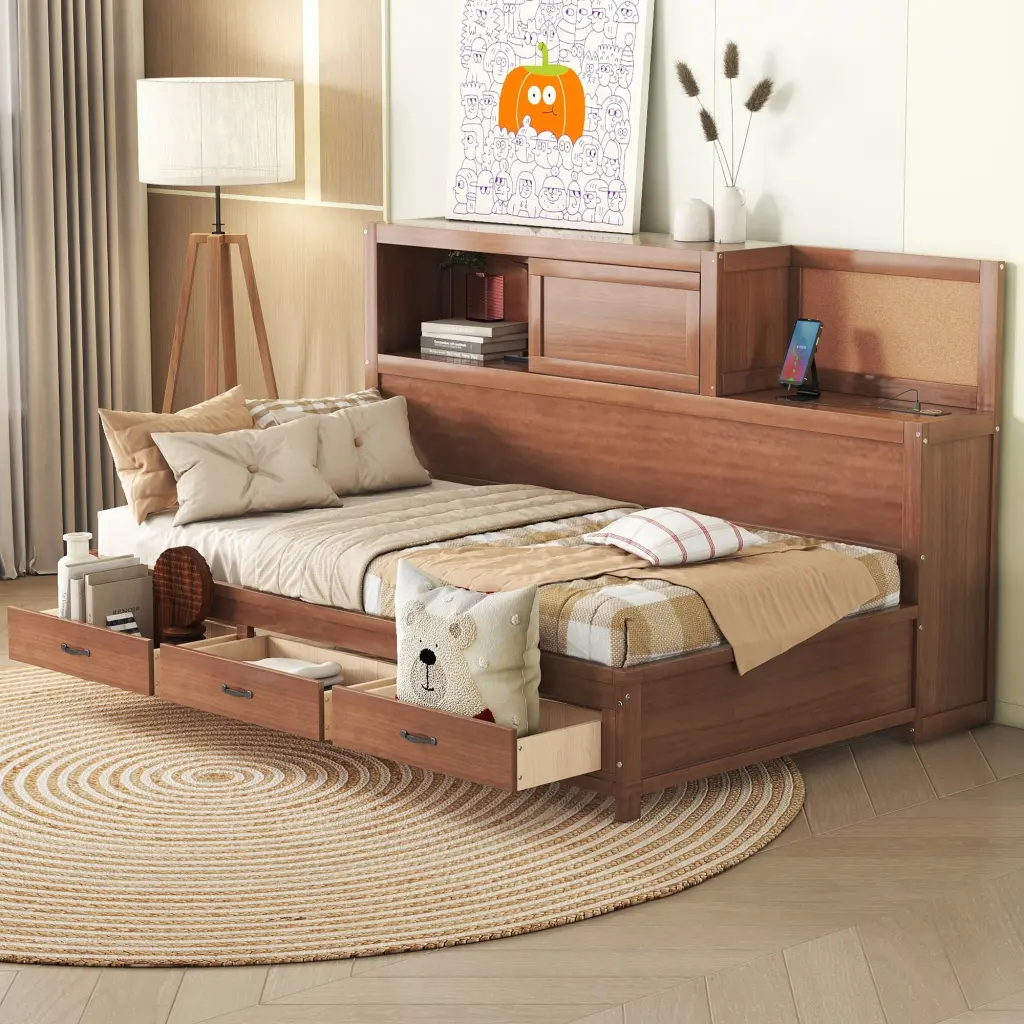 Twin Dimensions Wooden Daybed 3 Storage Drawers Upper Soft Board Shelves Guest Bed lucky furniture