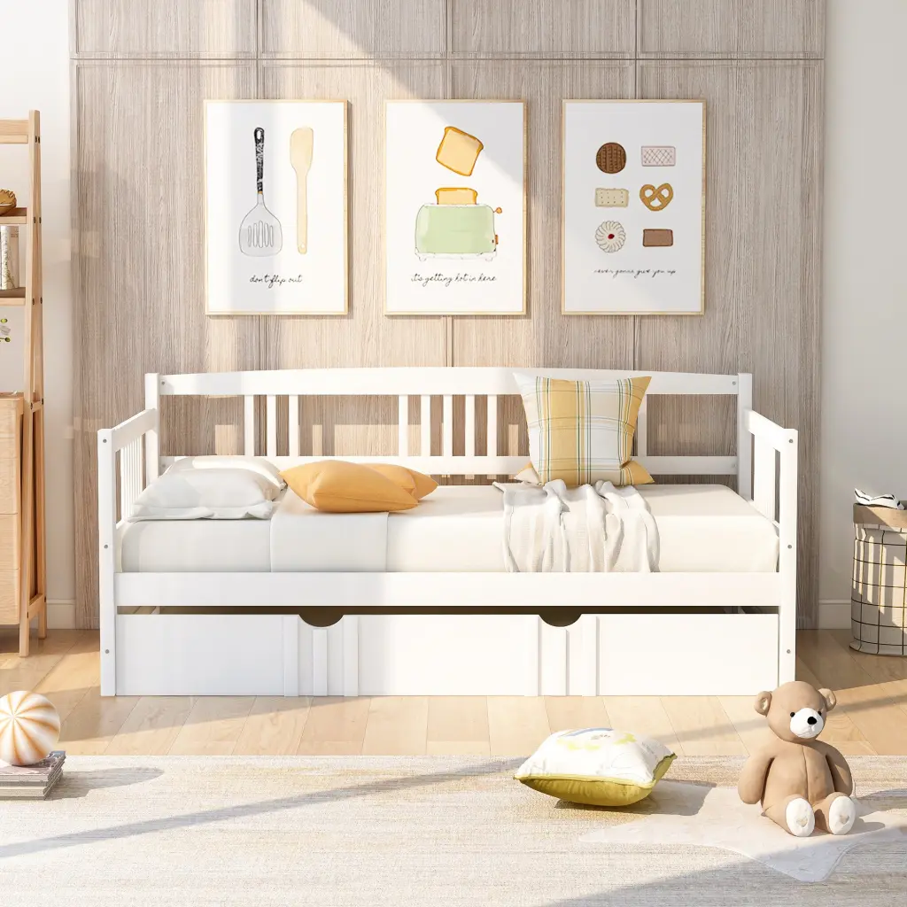 Twin Size Daybed Wood Bed Twin Trundle - White Solid Wood Frame lucky furniture