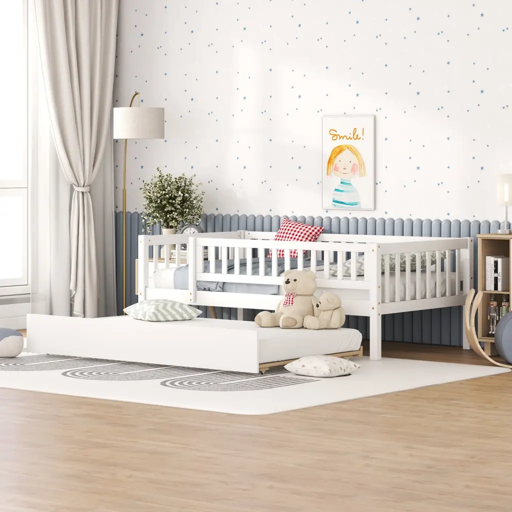 Twin Size Wood Daybed Trundle and Fence Guardrails White Finish lucky furniture