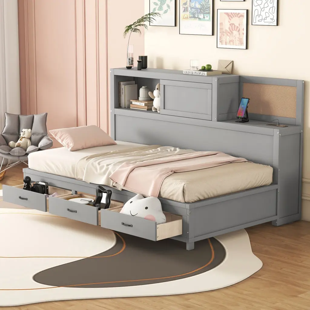 Twin Size Wooden Daybed 3 Storage Drawers Upper Soft Board Shelf lucky furniture