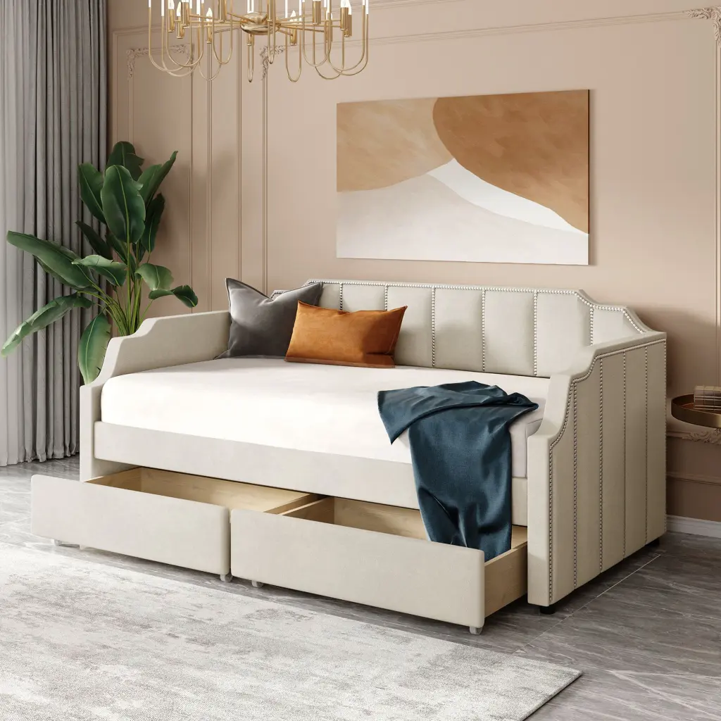 Twin Upholstered Daybed Drawers Wood Slat Support Beige Modern Furniture lucky furniture