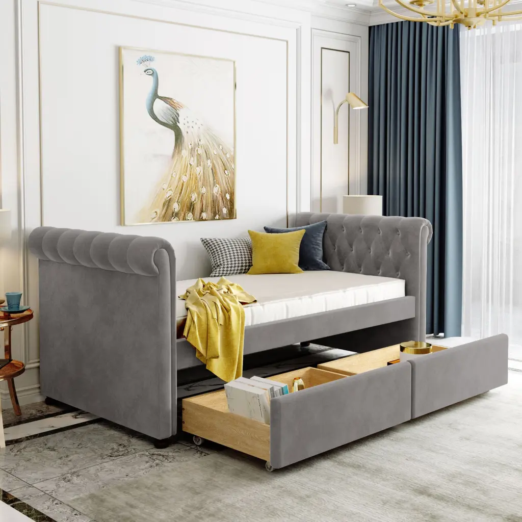 Twin Upholstered Daybed Drawers Wood Slat Support Gray Modern Furniture lucky furniture