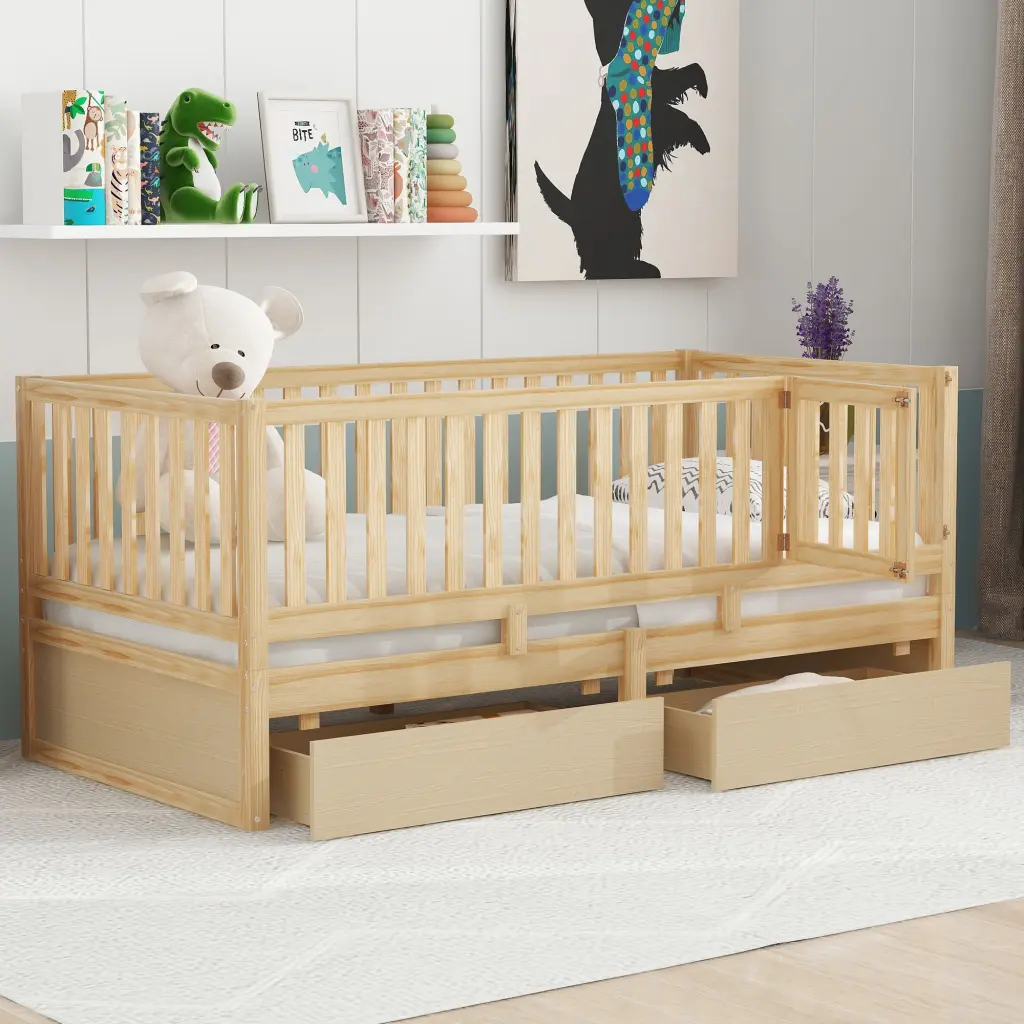 Twin Wood Daybed Fence Guardrails and 2 Drawers lucky furniture