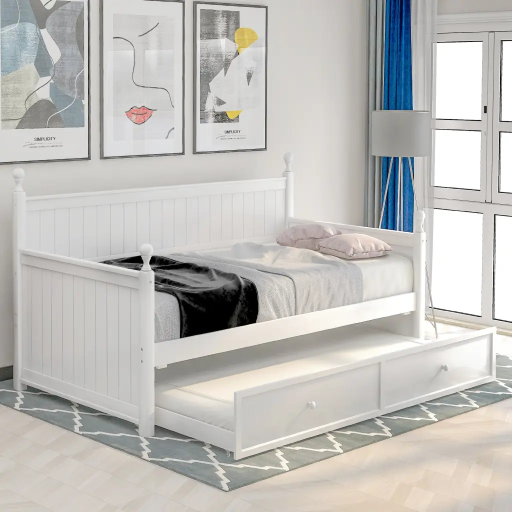 Twin Wood Daybed Trundle White Solid Wood Guest Bed Furniture lucky furniture