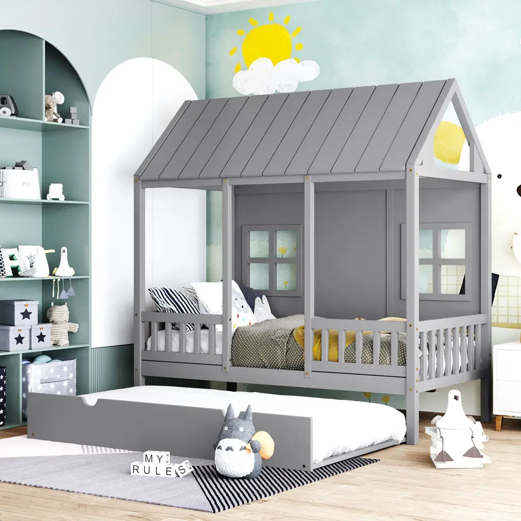 Twin Wooden Daybed Trundle Gray Modern Space Saving Design lucky furniture