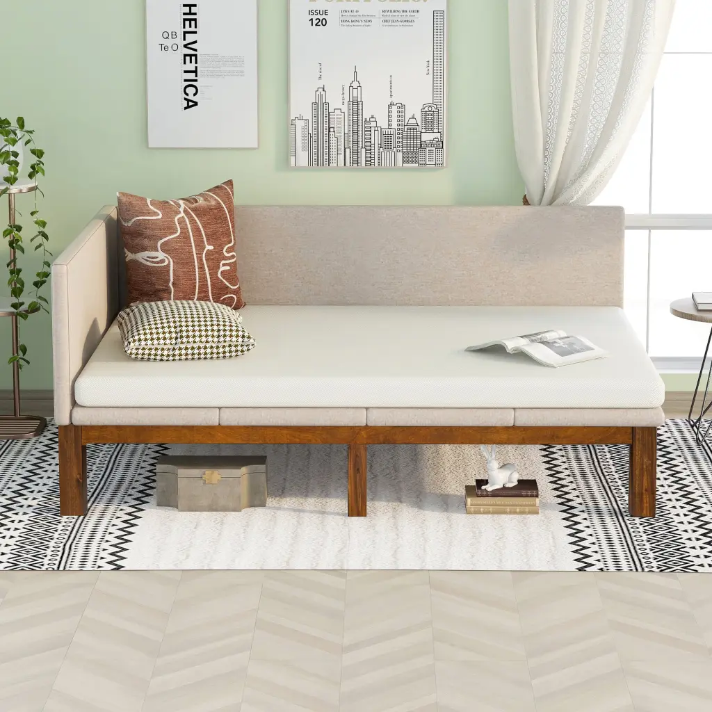 Upholstered Daybed Sofa Bed Frame Full Size Linen Beige Convertible Furniture lucky furniture